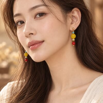 Tibetan Golden Jade Gemstone Drop Earrings