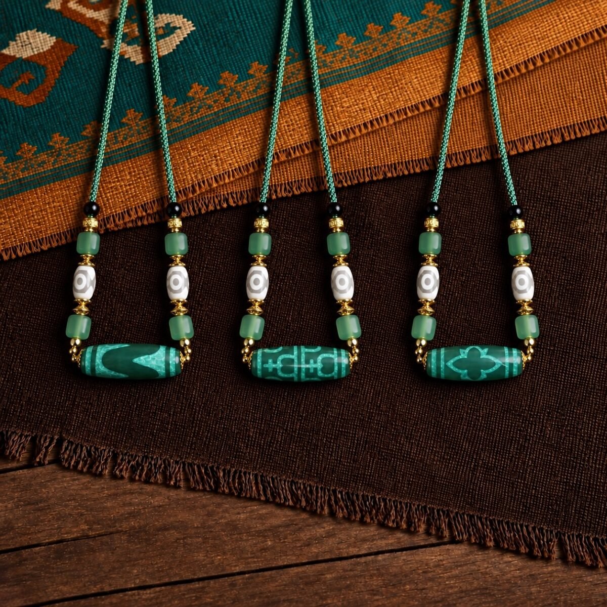 Jade-Green Dzi Necklace with turquoise-coloured focal bead and braided cord