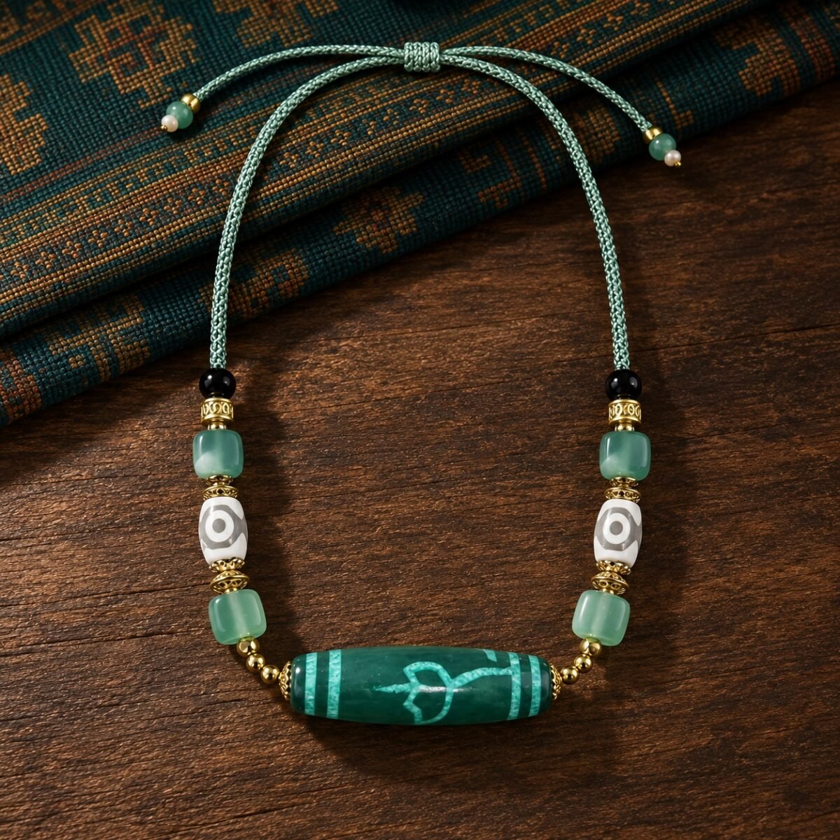 Jade-Green Dzi Focal Bead Necklace