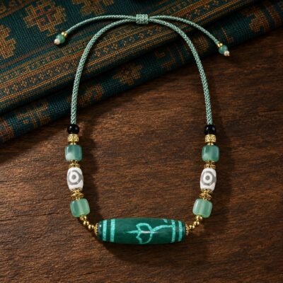 Jade-Green Dzi Focal Bead Necklace