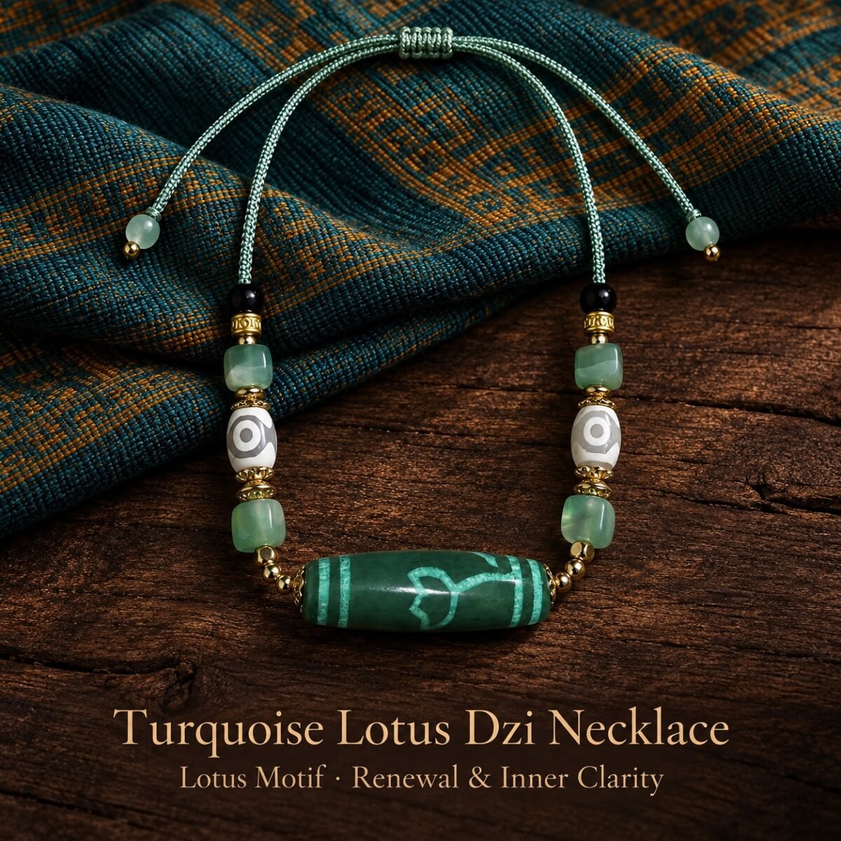 Jade-Green Dzi Focal Bead Necklace