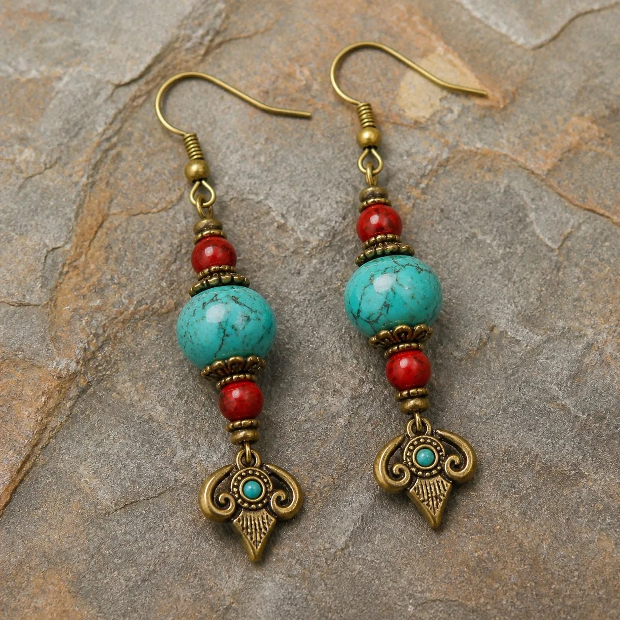 Tibetan Turquoise & Red Jasper Drops