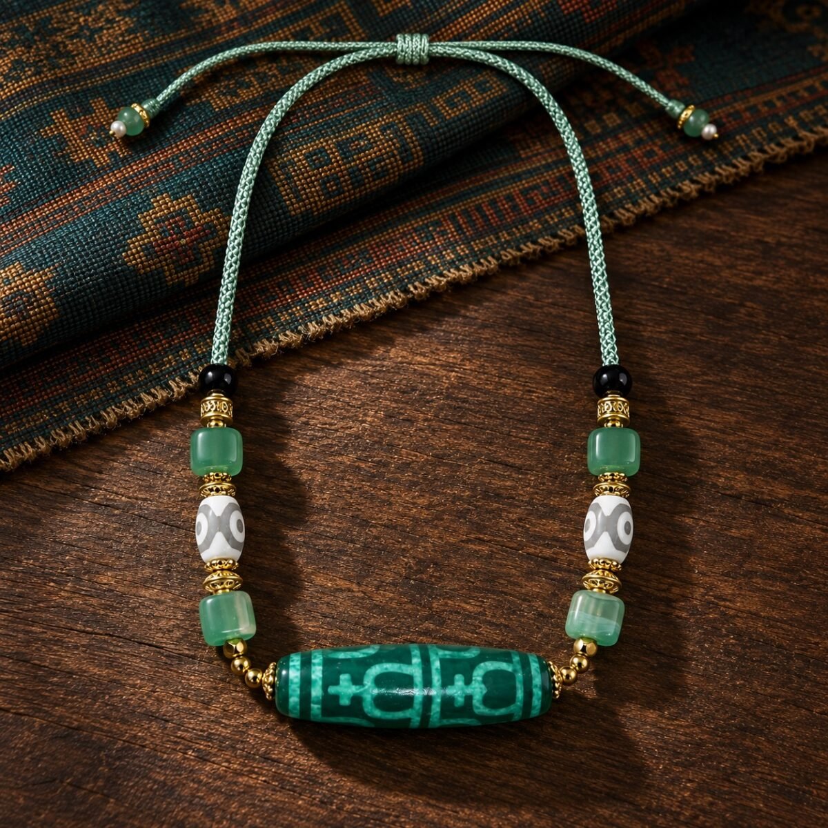 Jade-Green Dzi Focal Bead Necklace