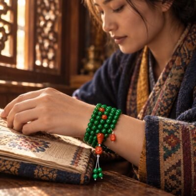 verdant-guardian-108-bead-mala-07-tibetan-woman-wrist Verdant Guardian 108-Bead Mala