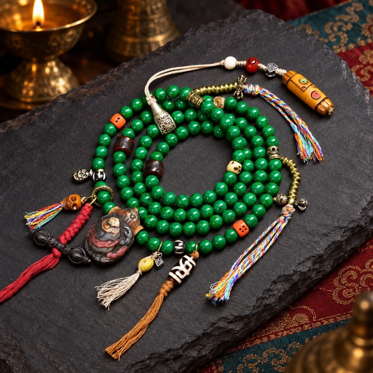 verdant-guardian-108-bead-mala-style-01 Verdant Guardian Mala with 108 polished green stone beads and four accent styles