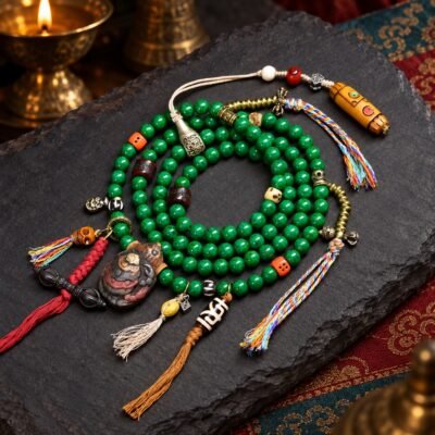 verdant-guardian-108-bead-mala-style-01 Verdant Guardian Mala with 108 polished green stone beads and four accent styles