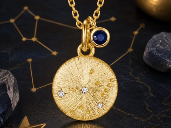 Virgo gold zodiac medallion necklace with cultured sapphire accent