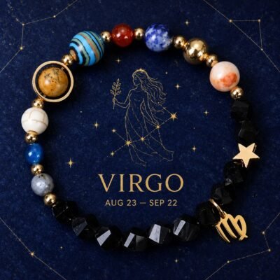 Virgo Zodiac Bracelet with glossy black faceted natural-stone beads