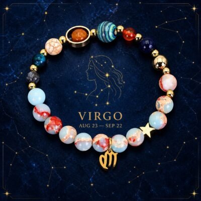 Virgo Planetary Bracelet with sky-blue, cream, and pale marbled natural-stone beads