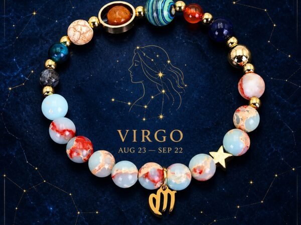 Virgo Planetary Bracelet with sky-blue, cream, and pale marbled natural-stone beads