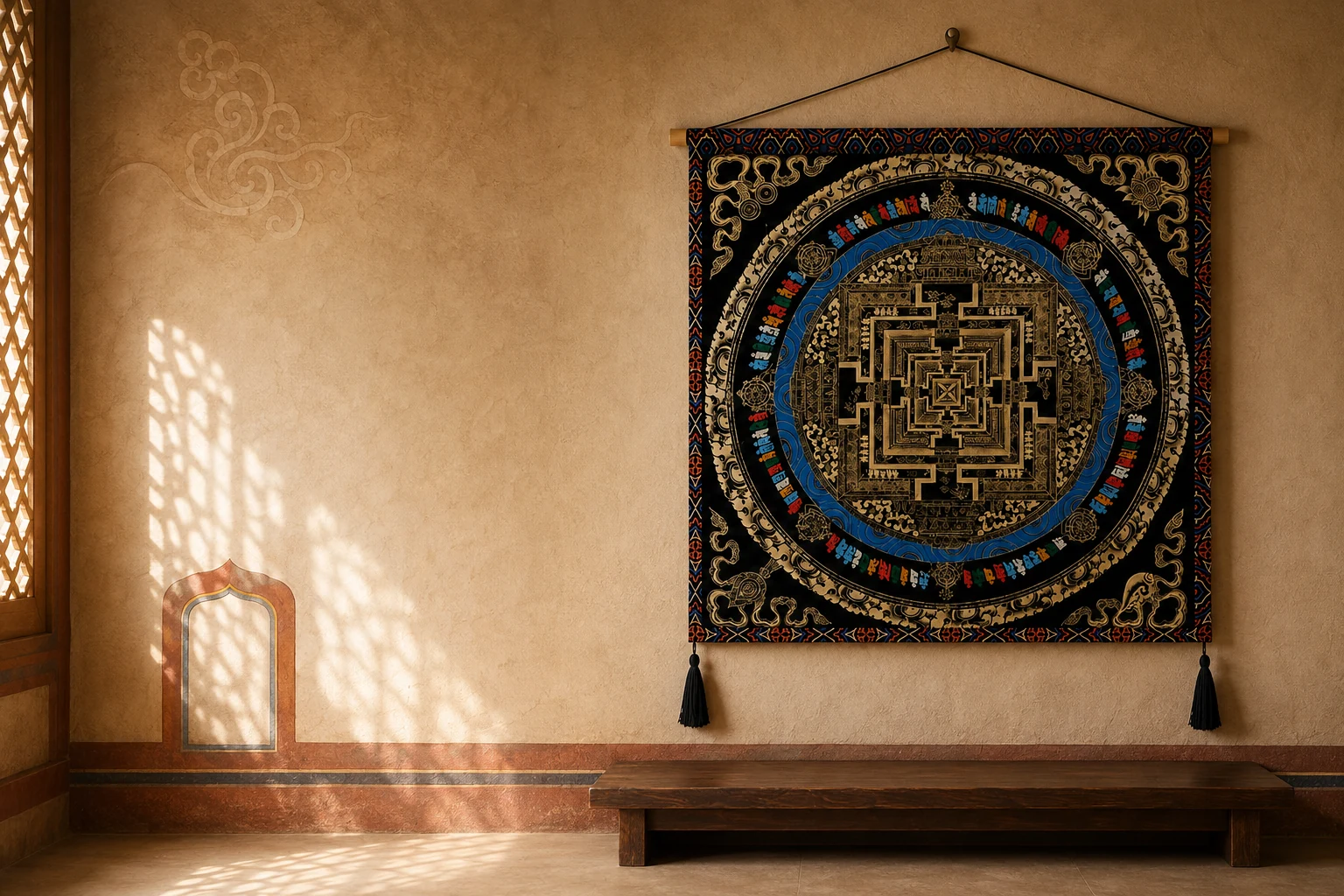 Tibetan mandala wall hanging in a warm heritage interior