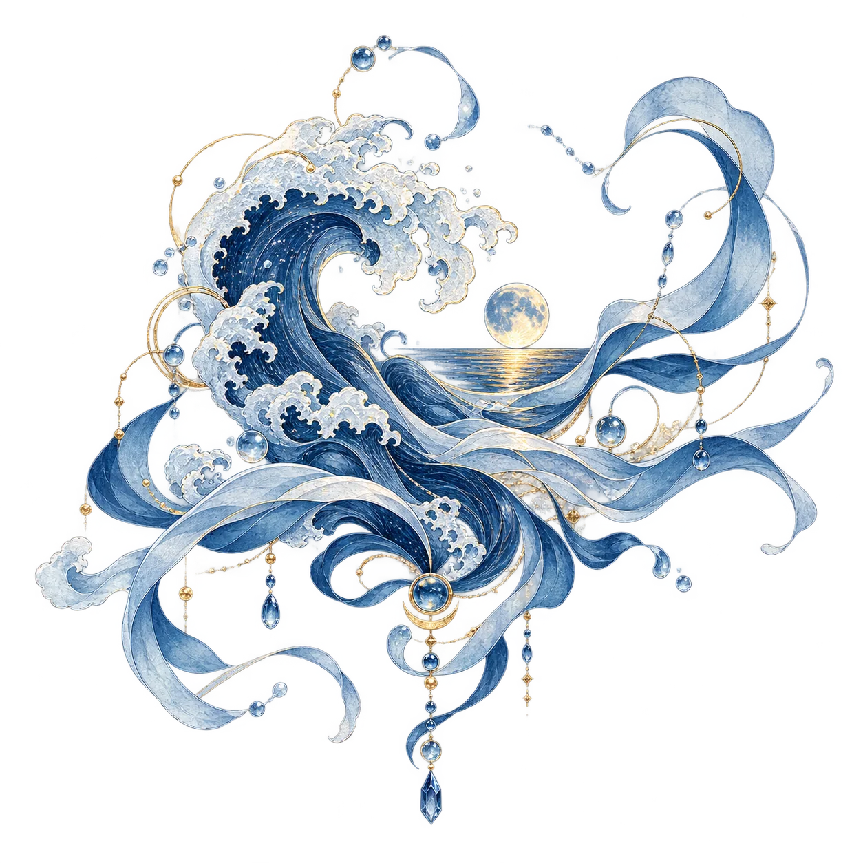 Refined indigo Water element totem with flowing wave ribbons