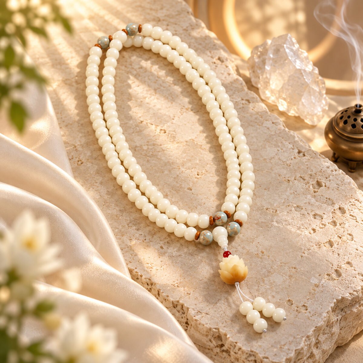 White Jade Bodhi 108-Bead Mala