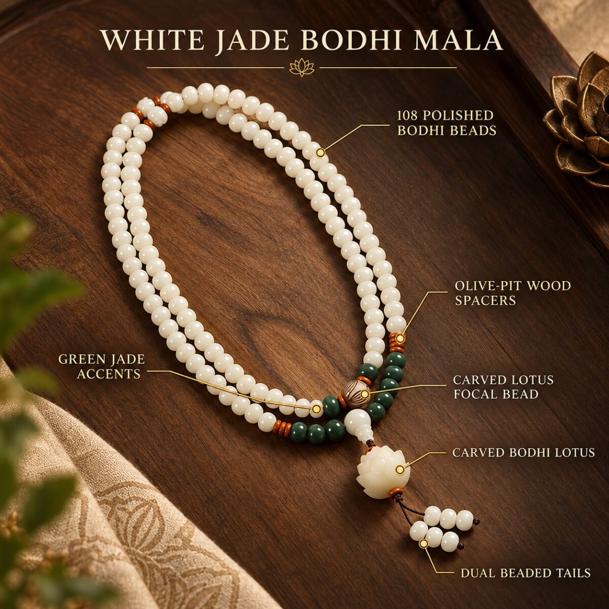 White Jade Bodhi 108-Bead Mala