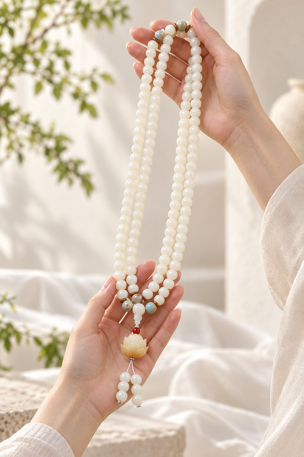 White Jade Bodhi 108-Bead Mala