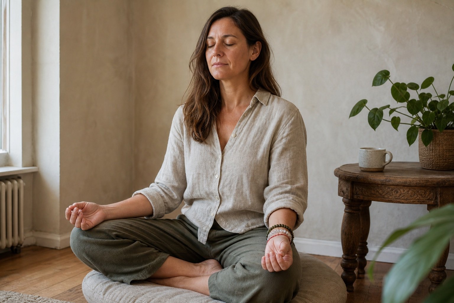Fictional Western woman wearing a crystal bracelet stack while meditating at home