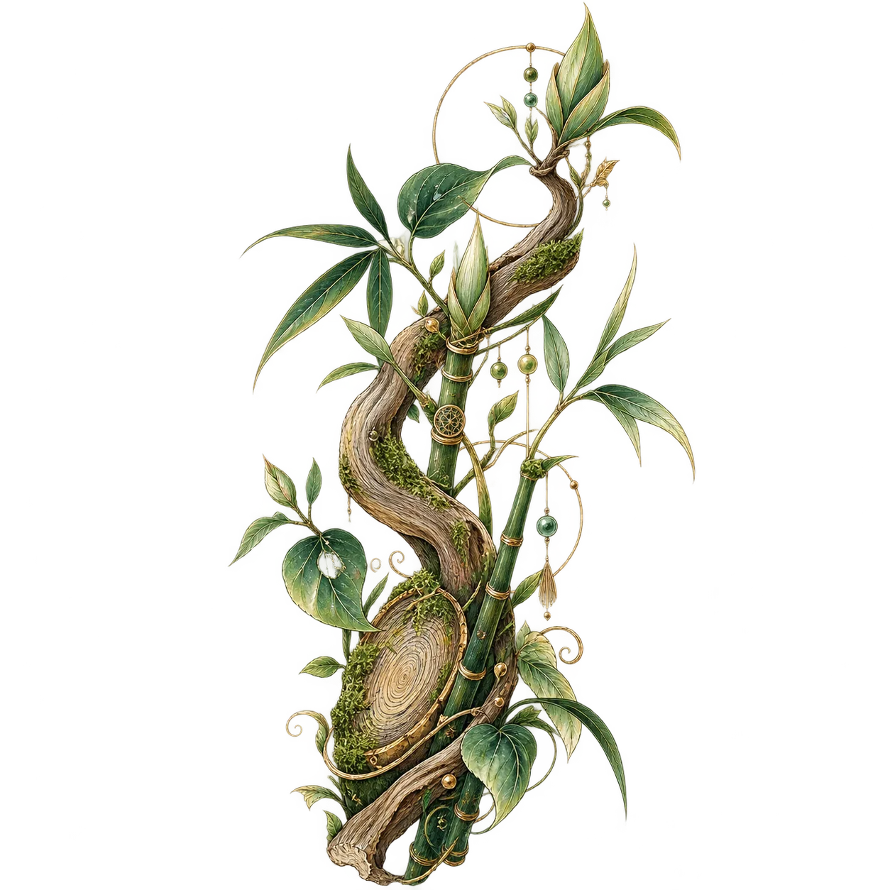 Refined green Wood element totem with bamboo, vines and growth rings