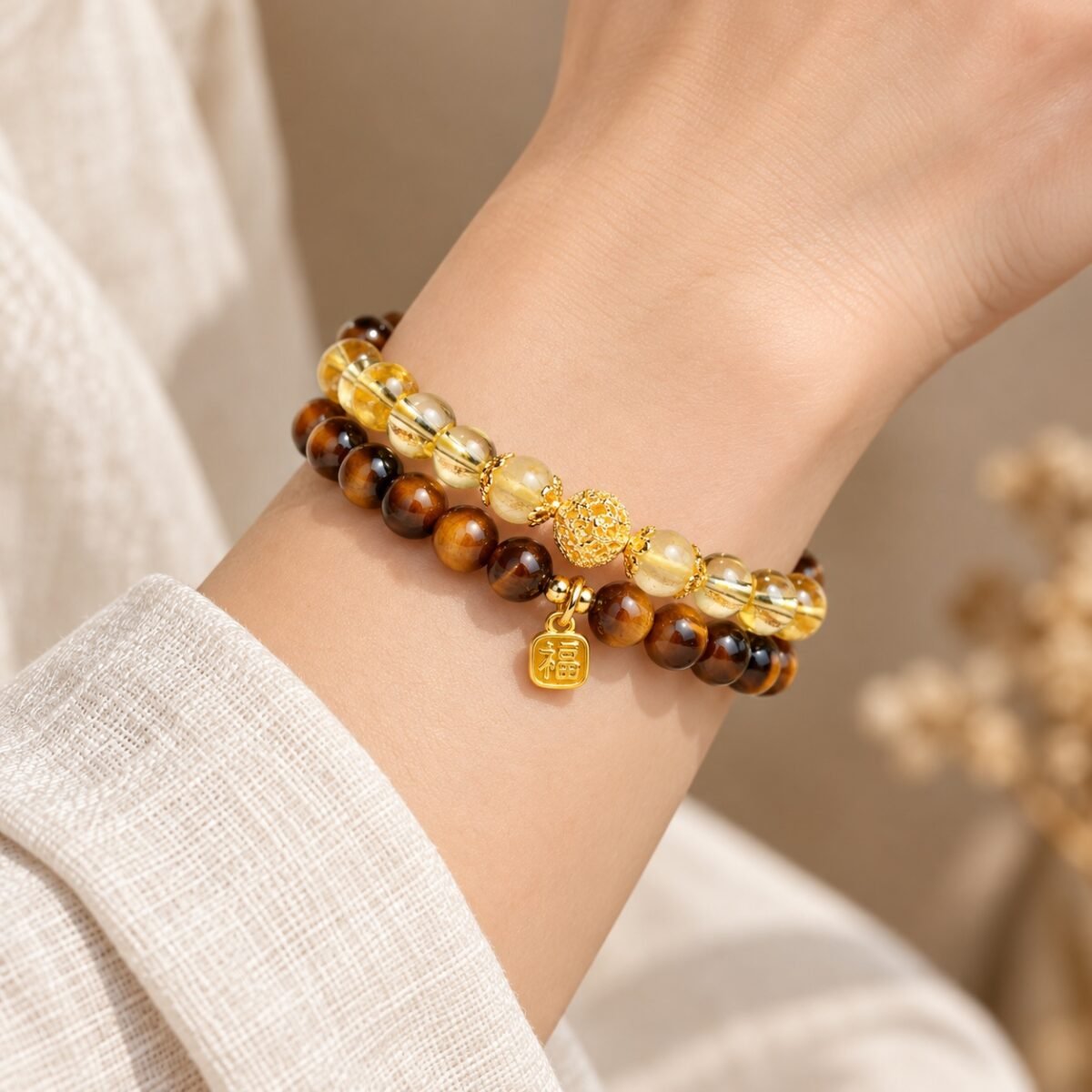 yellow-tiger-eye-citrine-prosperity-bracelet-double-wrap-wearing Sunlit Prosperity Tiger Eye & Citrine Bracelet