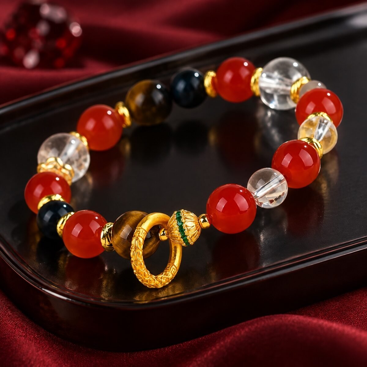 Red Agate, Tiger's Eye & Obsidian Bracelet