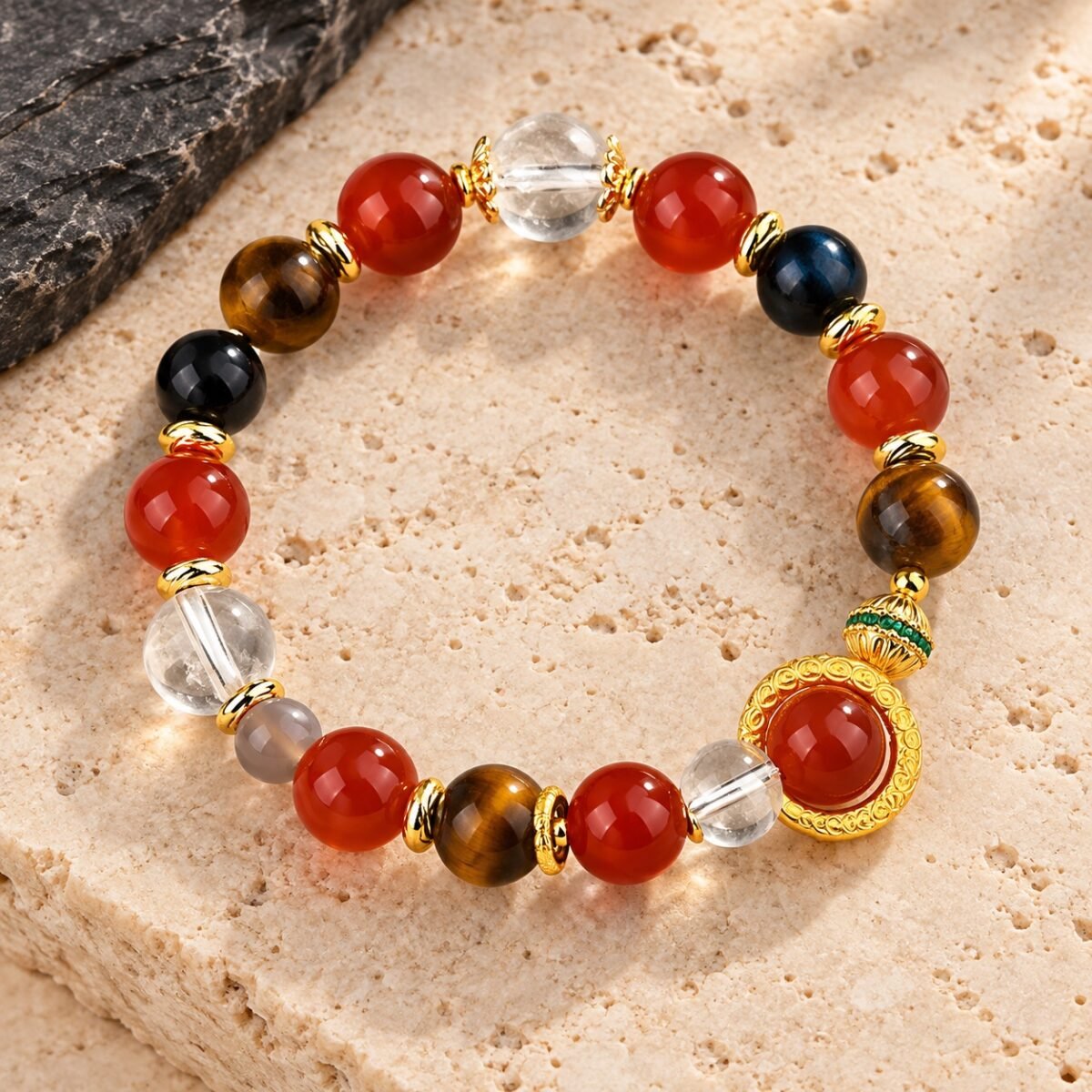 Red Agate Bracelet with Tiger’s Eye and Gold-Coloured Talisman