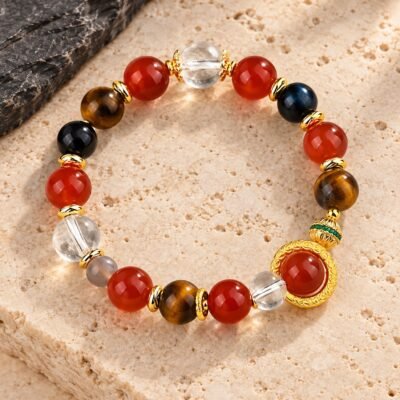 Red Agate Bracelet with Tiger’s Eye and Gold-Coloured Talisman