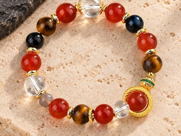 z073021018-single-product Red Agate Bracelet with Tiger’s Eye and Gold-Coloured Talisman