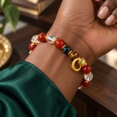 Red Agate, Tiger's Eye & Obsidian Bracelet
