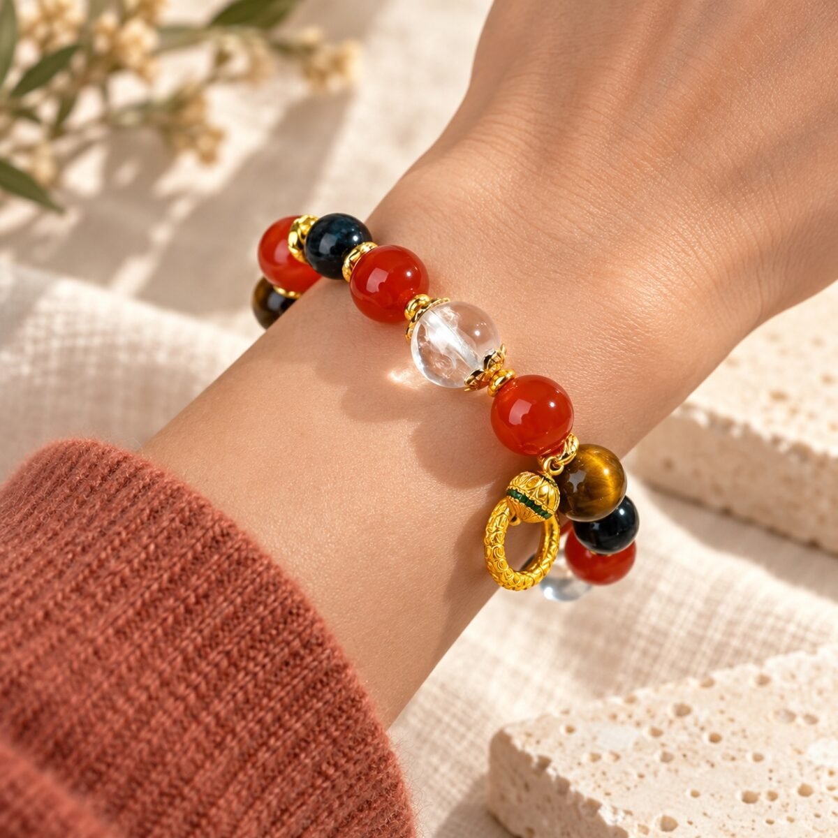 Red Agate, Tiger's Eye & Obsidian Bracelet