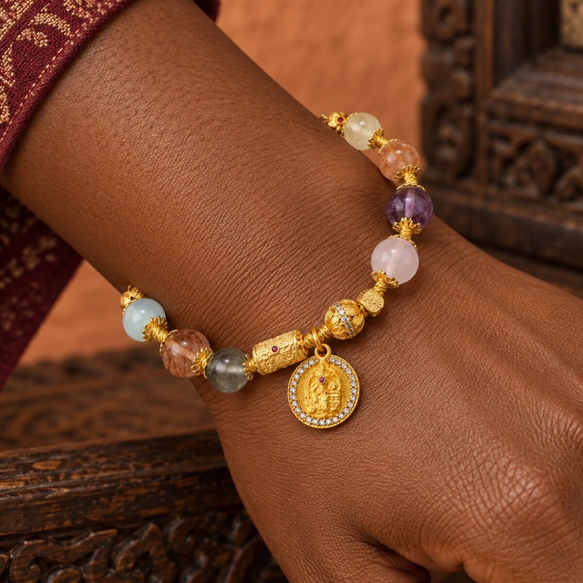 z1730083-gold-medallion-multigem-intention-bracelet-06-worn-wrist Gold Medallion Multigem Intention Bracelet
