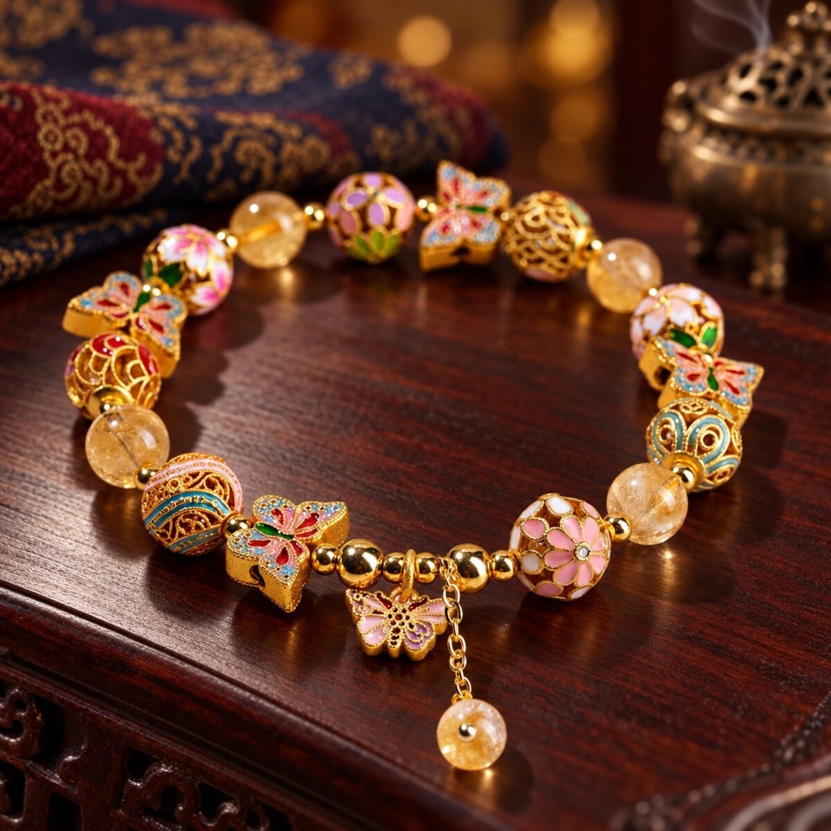 Butterfly Crystal Bracelet with golden rutilated quartz and colorful cloisonné charms