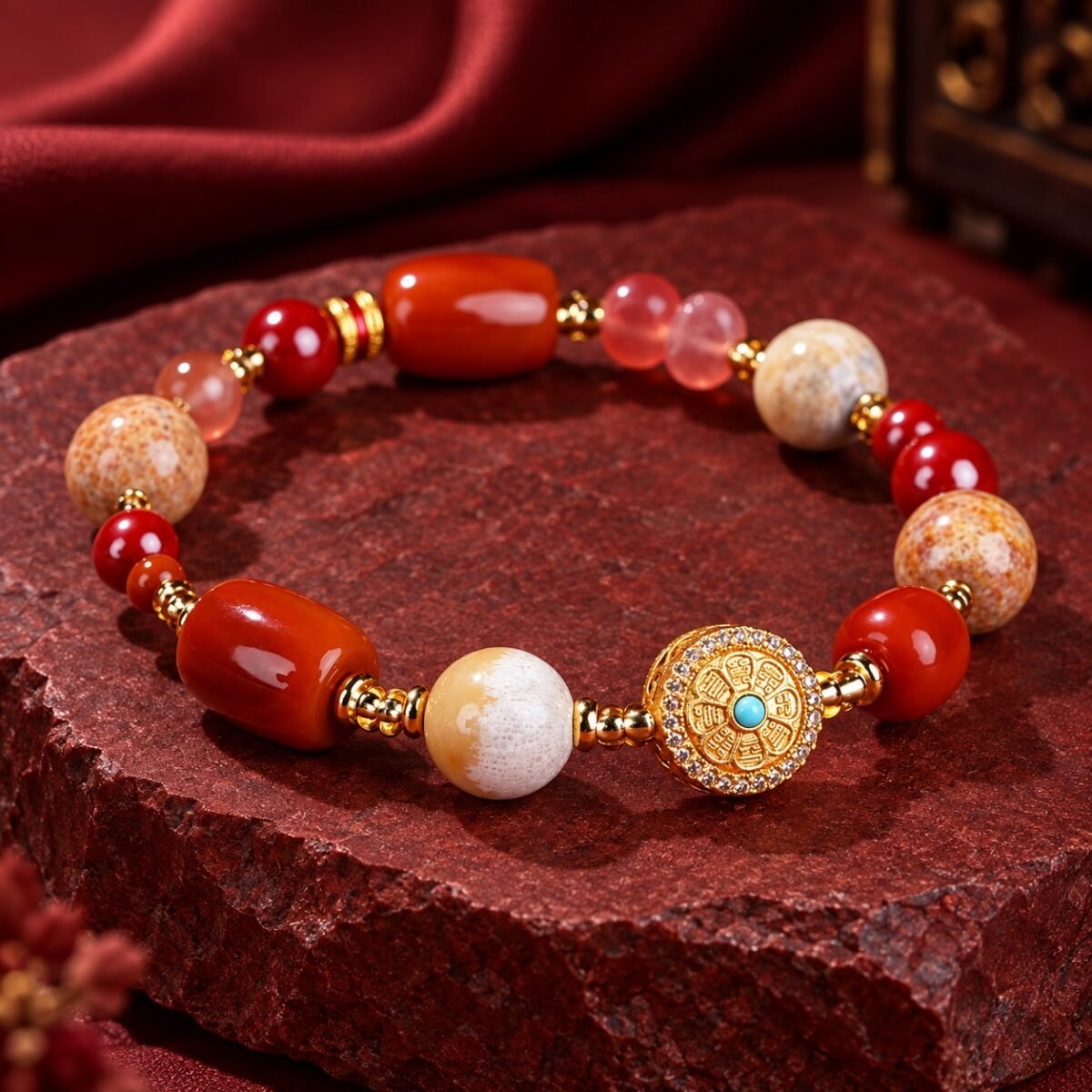 z22058051-single-product Dharma Wheel Bracelet with red stone beads and a sparkling Dharma wheel centerpiece