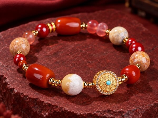 Dharma Wheel Bracelet with red stone beads and a sparkling Dharma wheel centerpiece
