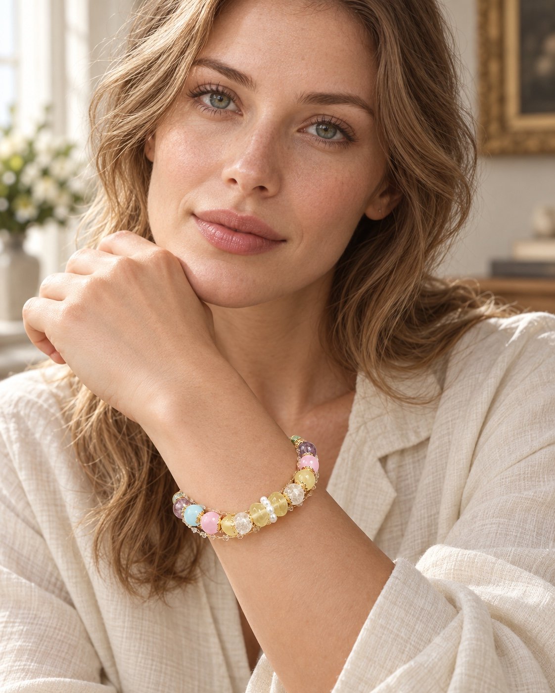 z7192003-pastel-crystal-gold-accent-bracelet-caucasian-worn Pastel Crystal Gold-Accent Bracelet