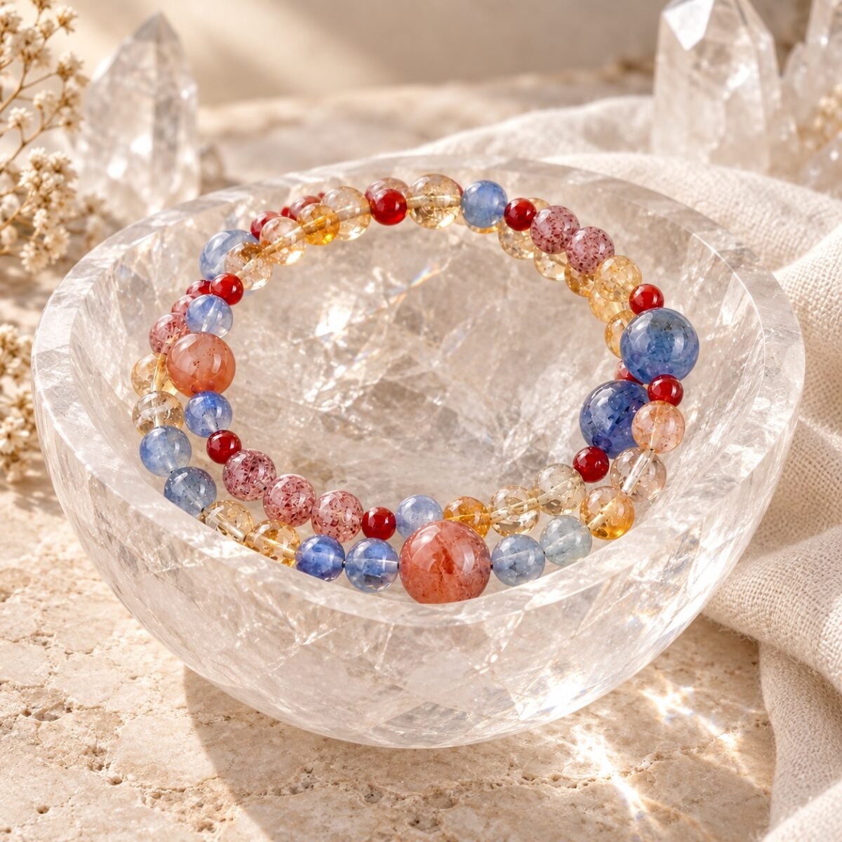 Blue, Red and Citrine Multi-Wrap Crystal Bracelet with five natural gemstones