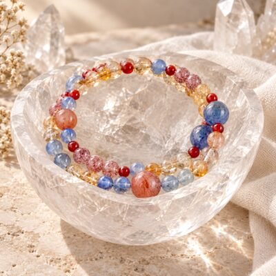 Blue, Red and Citrine Multi-Wrap Crystal Bracelet with five natural gemstones