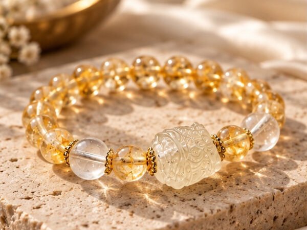 Guardian Lion Bracelet with natural citrine, clear quartz, and carved lion centerpiece