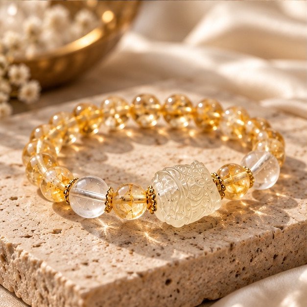 Guardian Lion Bracelet with natural citrine, clear quartz, and carved lion centerpiece