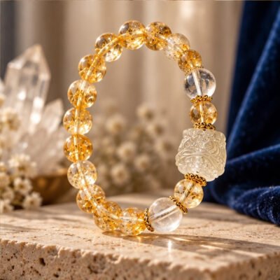 Clear Crystal Carved Guardian Lion Bracelet