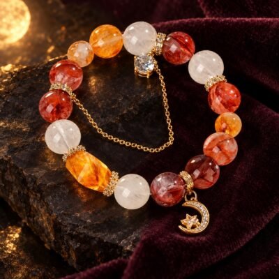 Red Moon Star Charm Bracelet with four quartz colors and crescent star detail
