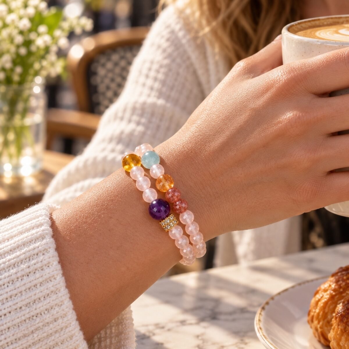 Rose Quartz & Amethyst Double-Wrap Bracelet