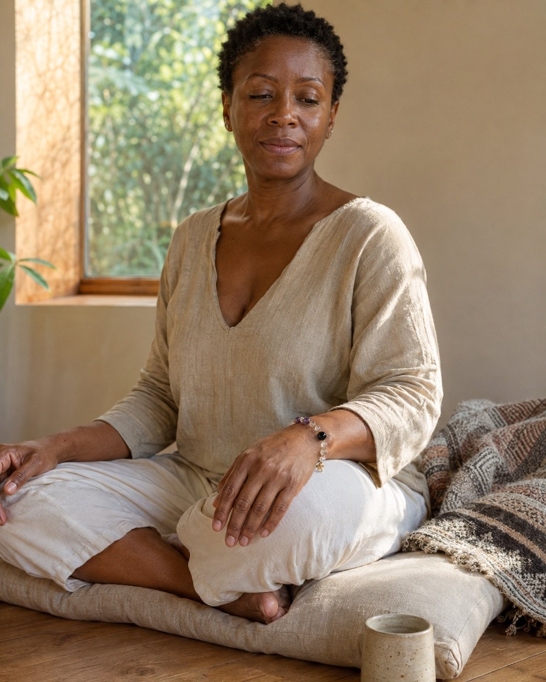 Woman wearing an Aries crystal bracelet during quiet meditation