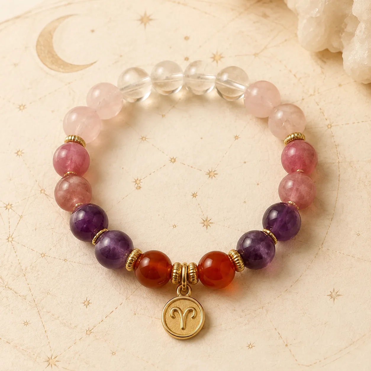 Zodiac crystal bracelet on an ivory celestial chart