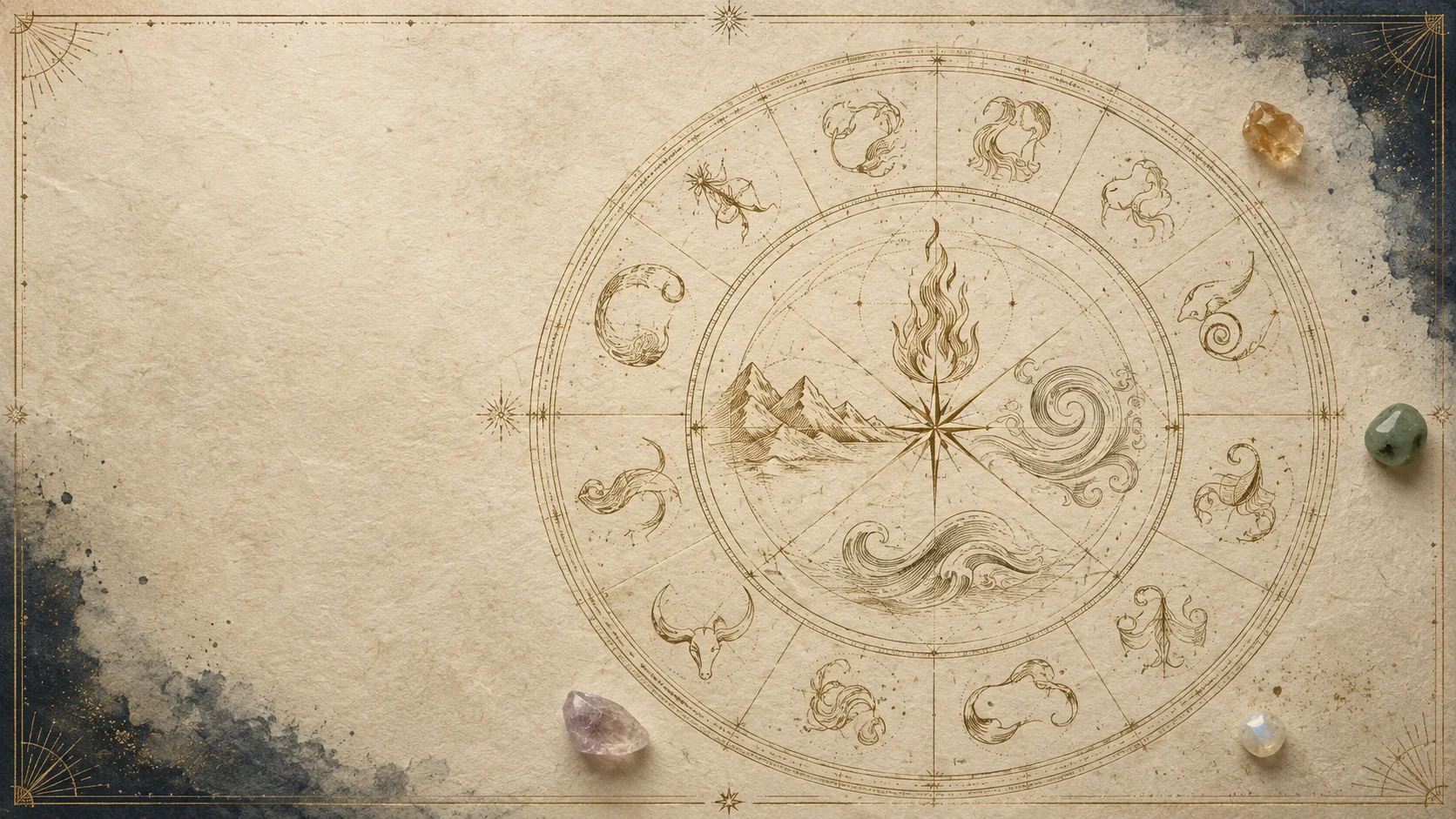 Hand-engraved zodiac wheel and four elements