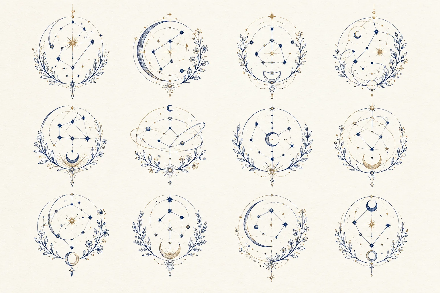 Twelve ornate hand-drawn zodiac constellation motifs in gold and navy linework