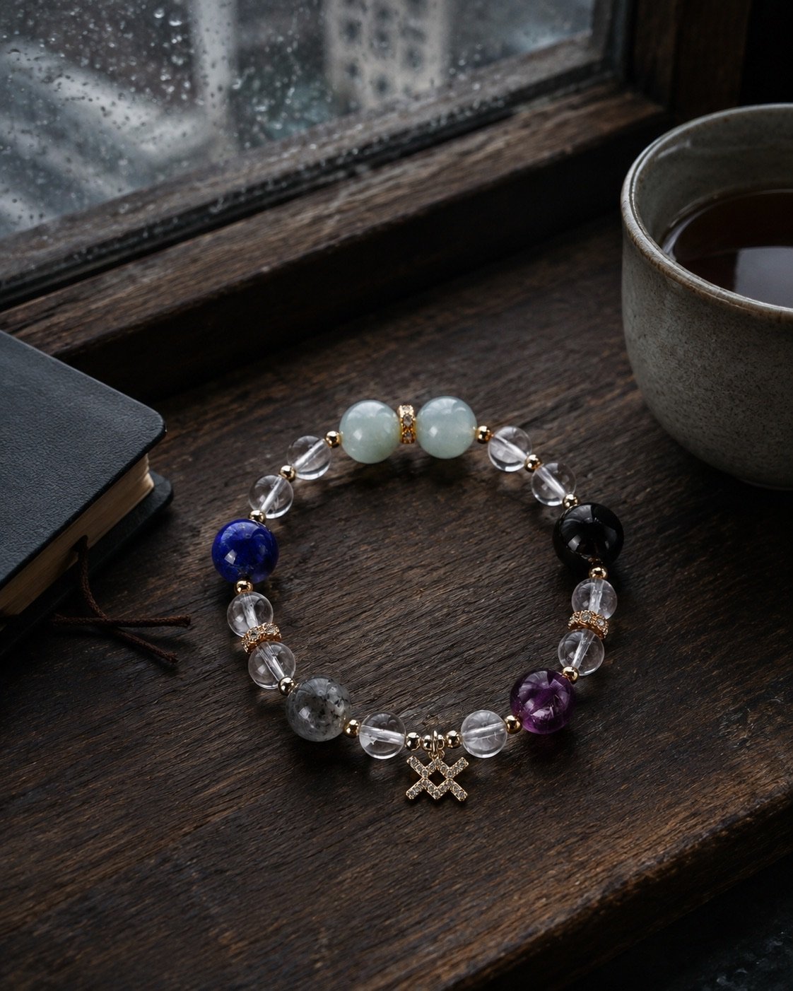 Aquarius bracelet on a rainy window ledge