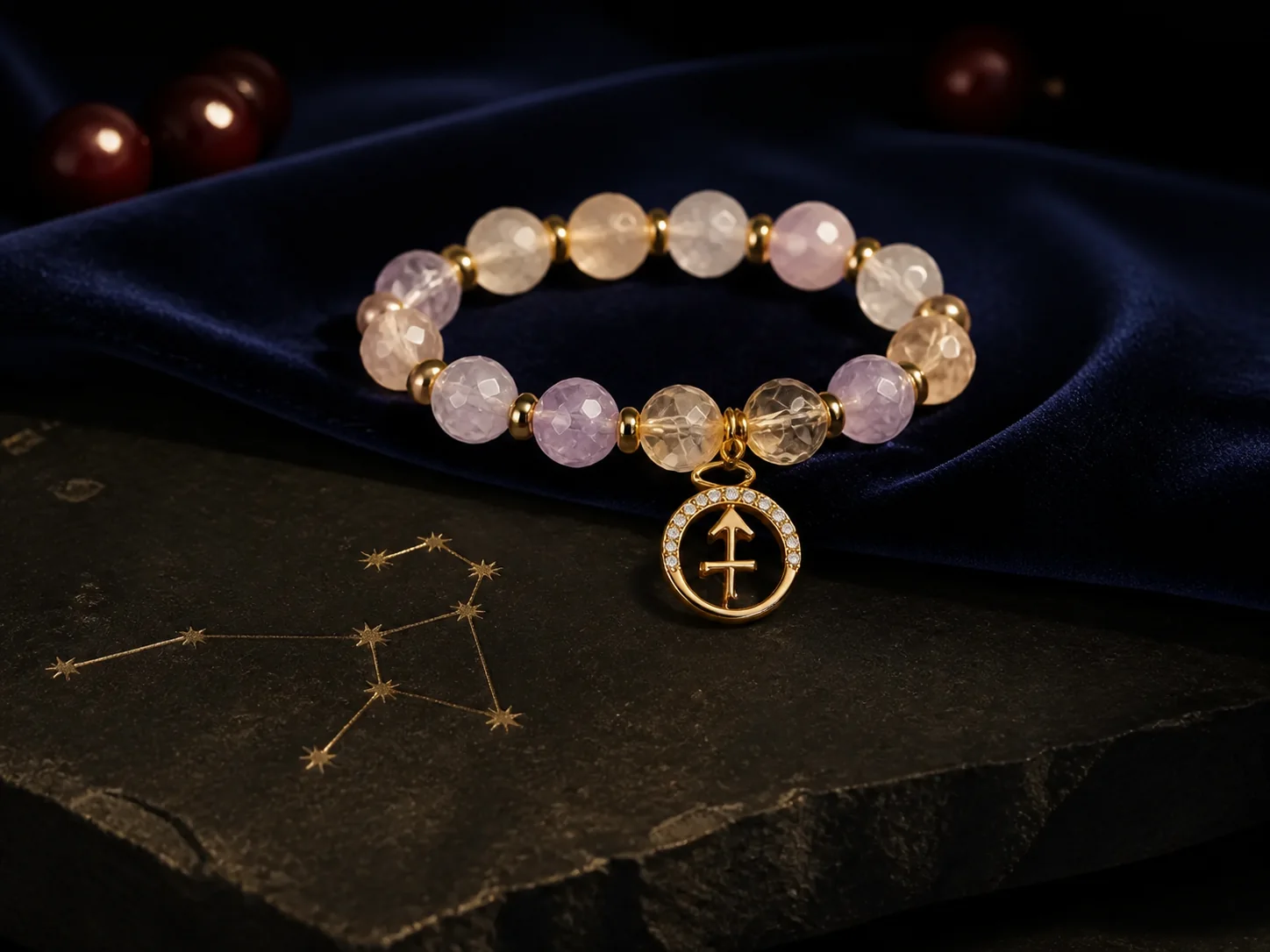 Zodiac crystal talisman bracelet on midnight velvet